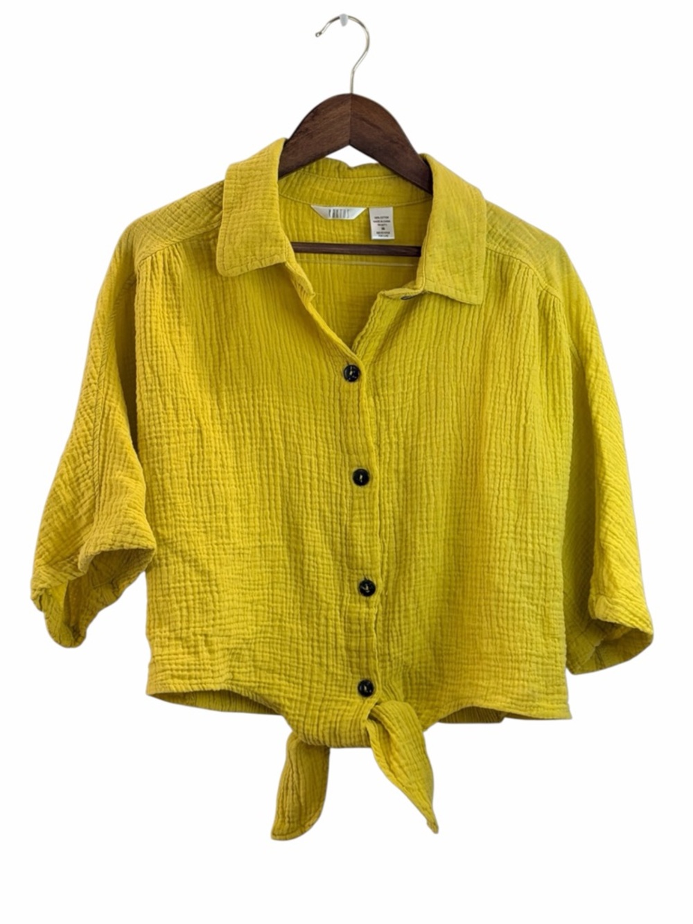 Kaktus Yellow Cotton Gauze Tie Front Button Down Cropped Shirt XS